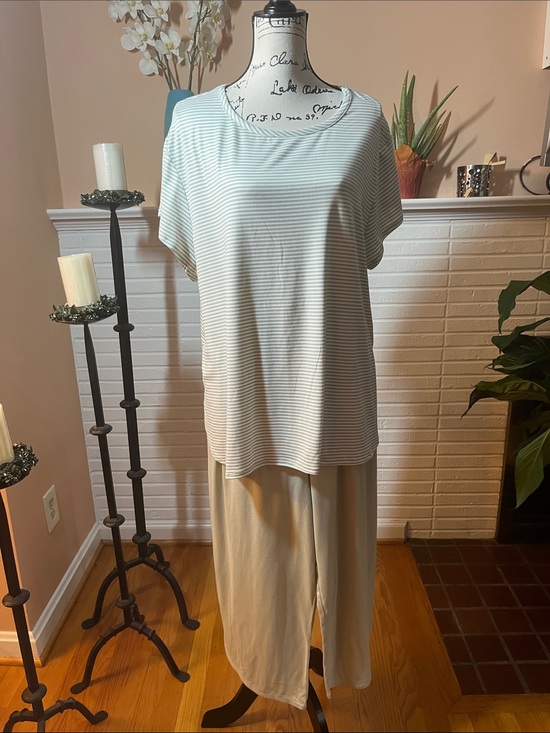 Koolaburra Pants - Koolaburra by Ugg Striped Short Sleeve Top and Cream Wide Leg Pants Set